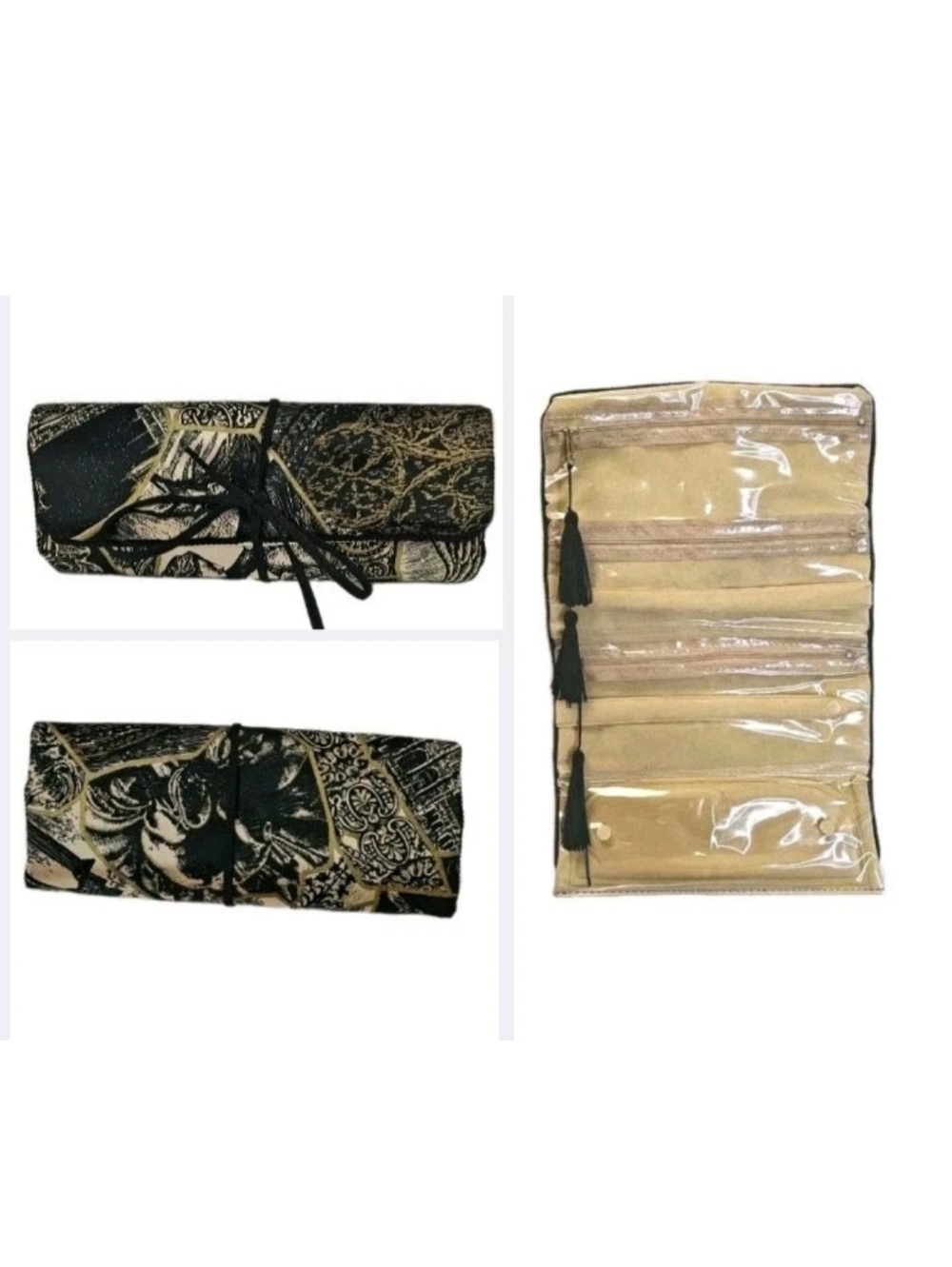 Vintage Jewelry Roll Organizer Travel Bag Packable Vacation Black Gold Brocade